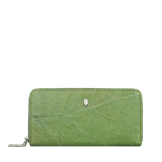 Vegan Leaf Leather Zip Wallet Thamon Olive
