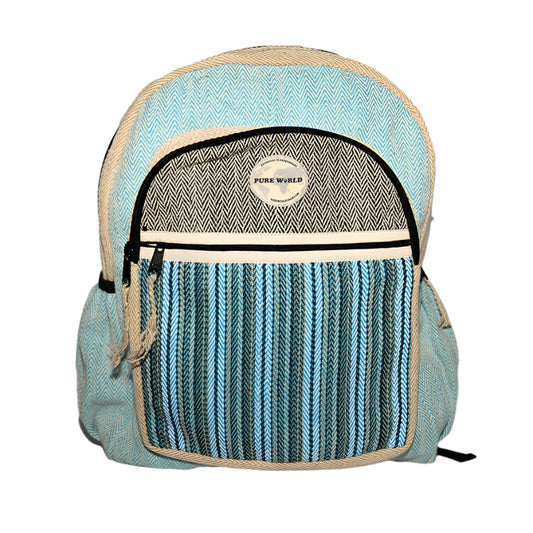 Backpack with blue striped pattern and beige accents on a light gray background