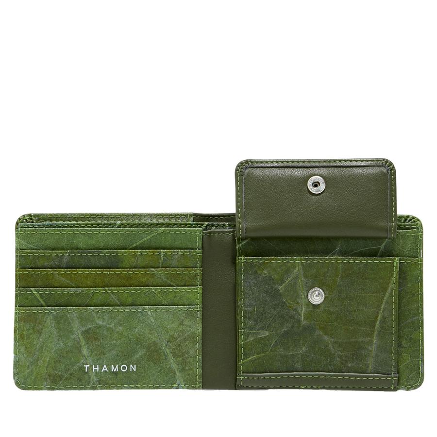 Vegan Leaf Leather Bifold Coin Wallet Thamon Olive