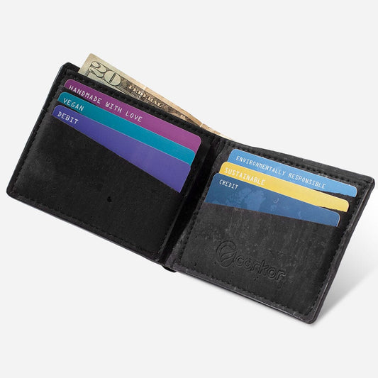 Cork Vegan Slim Bifold Wallet Corkor Black - I Am The Animal