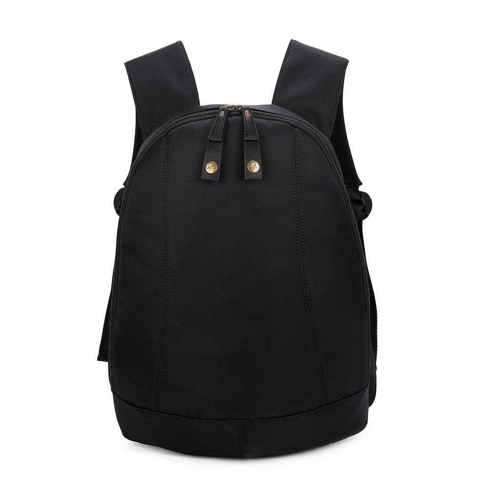 A black arsayo backpack with dual top zipper pulls featuring gold-tone circular hardware, shown against a plain white background.