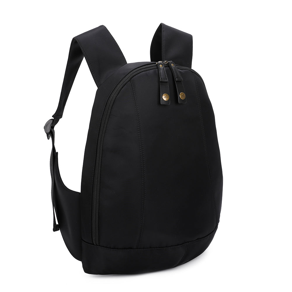 A black synthetic canvas backpack with a front zippered pocket and two small gold-tone snap details on the zipper pulls, shown on a plain white background.