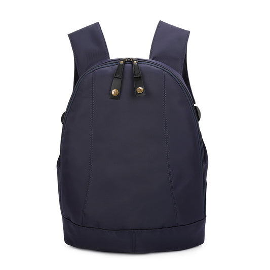 A dark navy blue backpack with black zipper pulls, shown from the front on a solid white background.