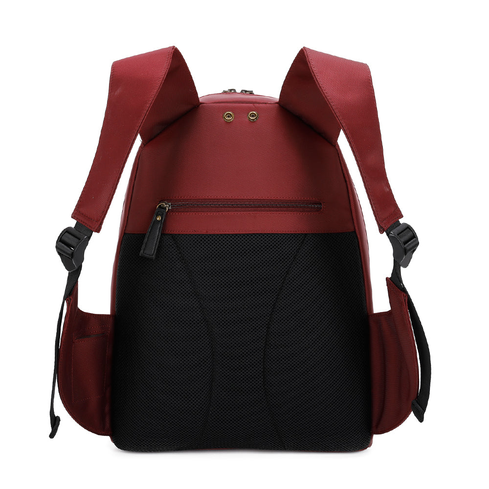 burgundy and black arsayo backpack with white background