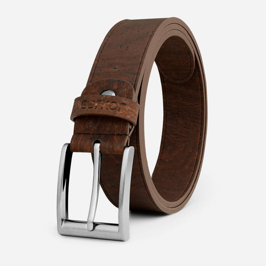 Cork Vegan Men's Belt 35mm Corkor Dark Brown - Silver Buckle