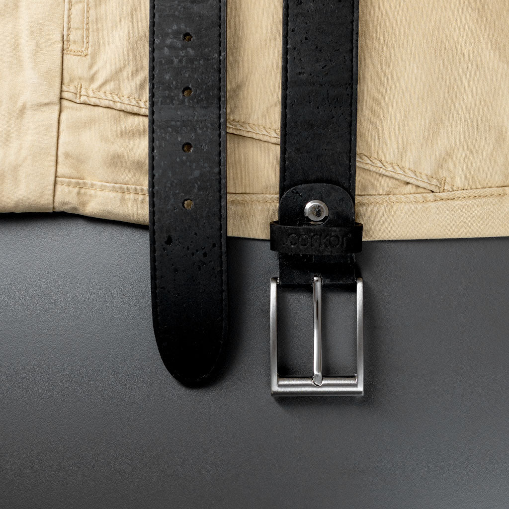 Cork Vegan Men's Belt 35mm Corkor Black - Silver Buckle