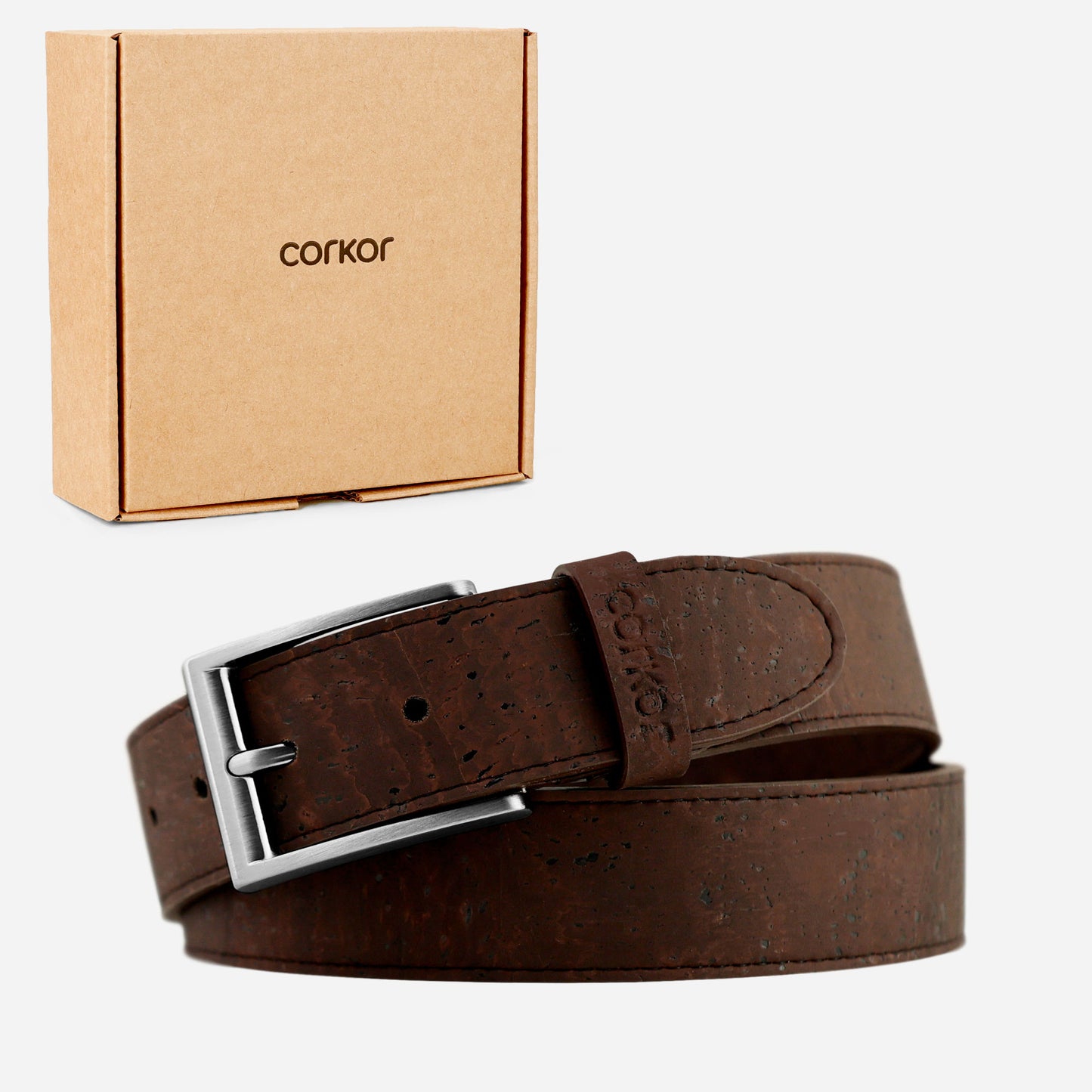 Cork Vegan Men's Belt 35mm Corkor Dark Brown - Silver Buckle