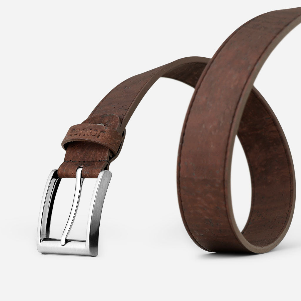 Cork Vegan Men's Belt 35mm Corkor Dark Brown - Silver Buckle