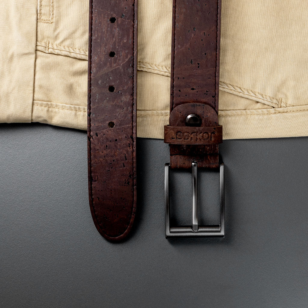 Cork Vegan Men's Belt 35mm Corkor Dark Brown - Black Buckle
