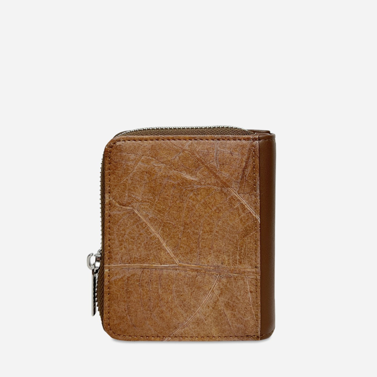 Vegan Leaf Leather Compact Zip Wallet Thamon Brown