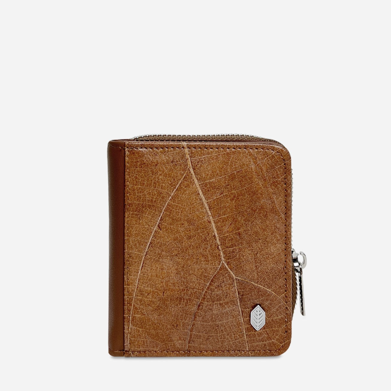 Vegan Leaf Leather Compact Zip Wallet Thamon Brown