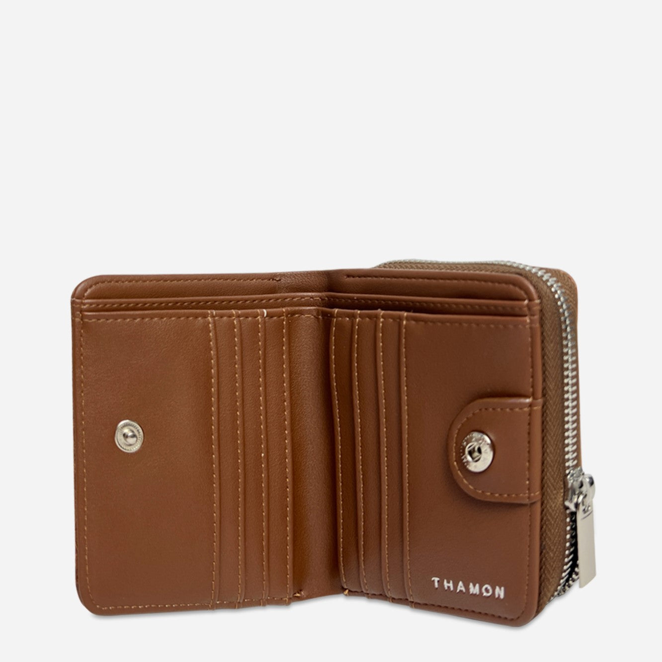 Vegan Leaf Leather Compact Zip Wallet Thamon Brown