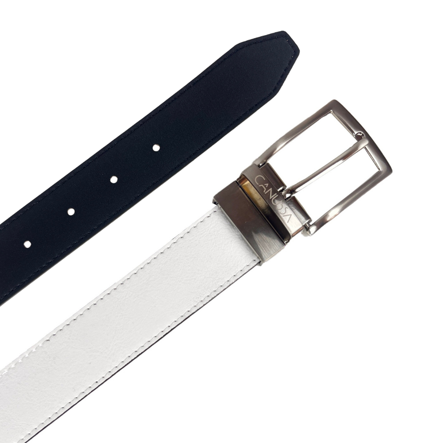 Two vegan belts, one navy and one white, with a silver buckle on a white background.