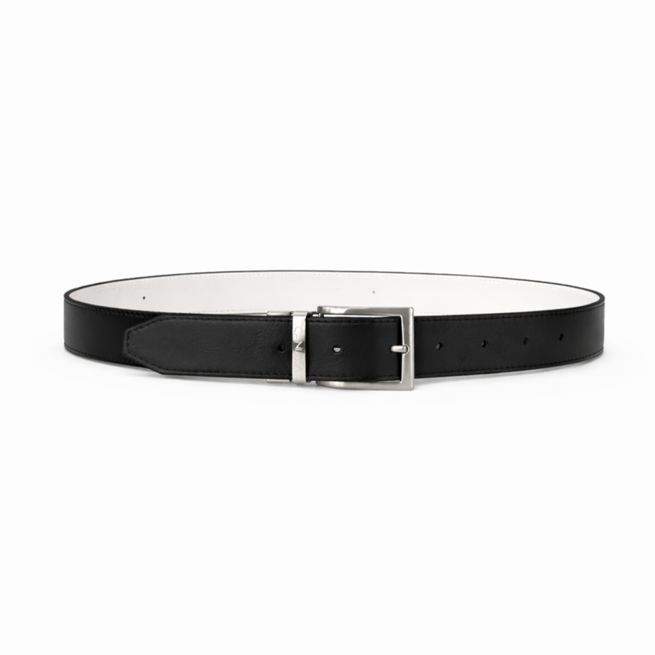 black white reversible belt with a silver buckle on a white background