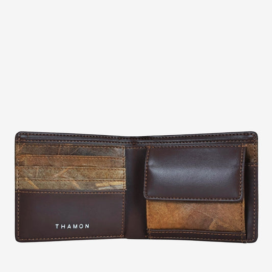 Vegan Leaf Leather Bifold Coin Wallet Thamon Brown