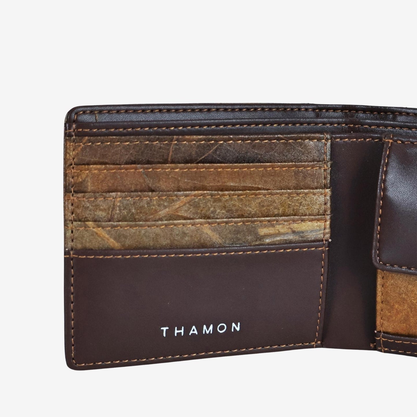 Vegan Leaf Leather Bifold Coin Wallet Thamon Brown