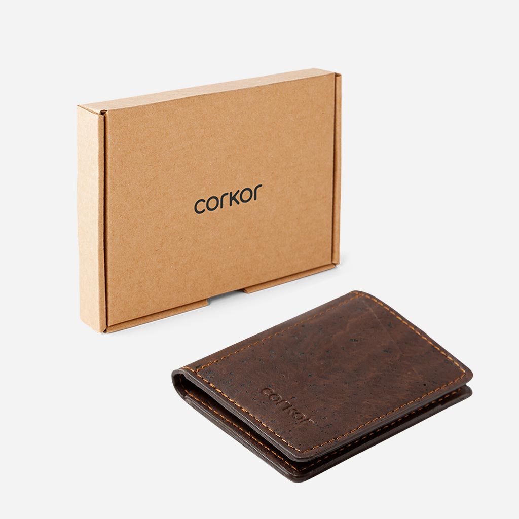 Cork Vegan Coin Slim Wallet Corkor Dark Brown
