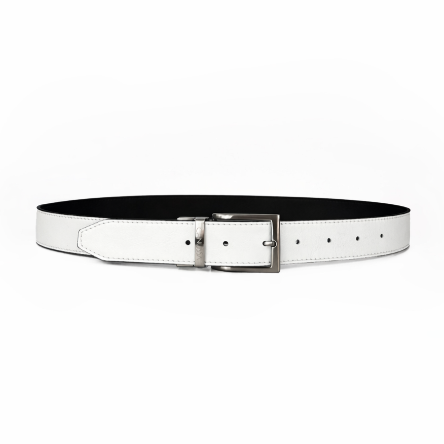 White black reversible belt with a silver buckle on a white background