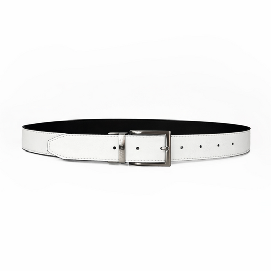 White black reversible belt with a silver buckle on a white background