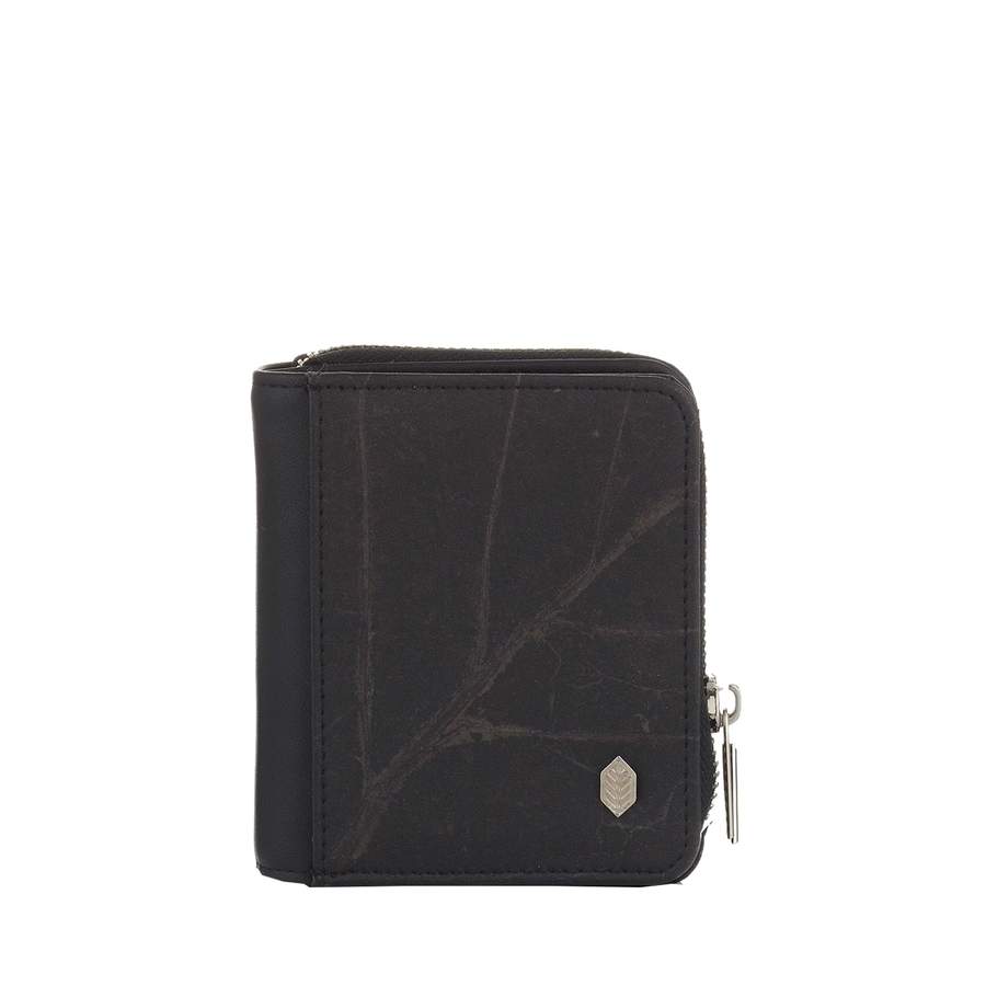 Vegan Leaf Leather Compact Zip Wallet Thamon Black - I Am The Animal