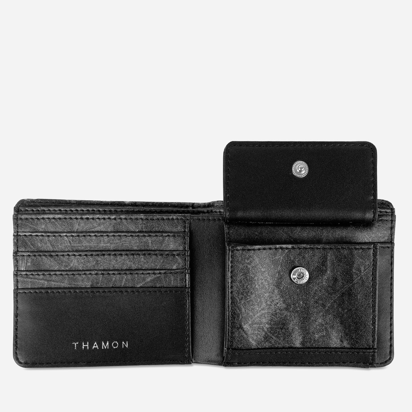 Vegan Leaf Leather Bifold Coin Wallet Thamon Black