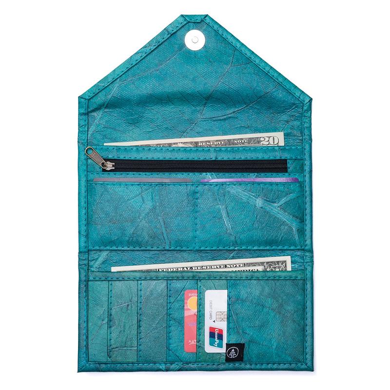 Vegan Leaf Leather Women's Envelope Wallet Turquoise - I Am The Animal