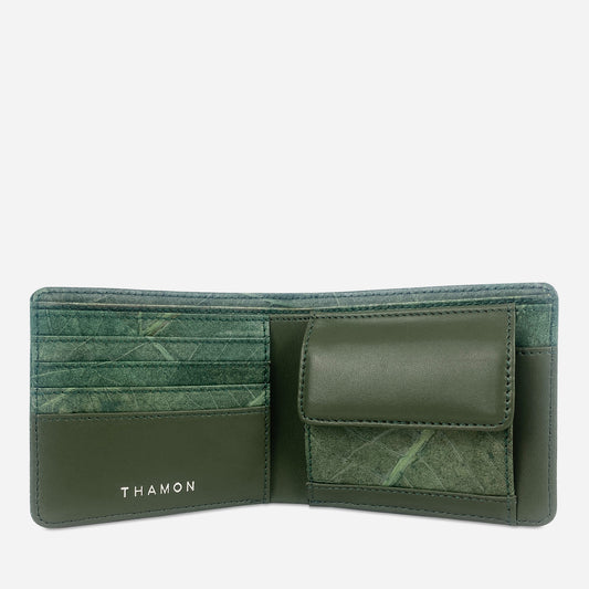 Vegan Leaf Leather Bifold Coin Wallet Thamon Green