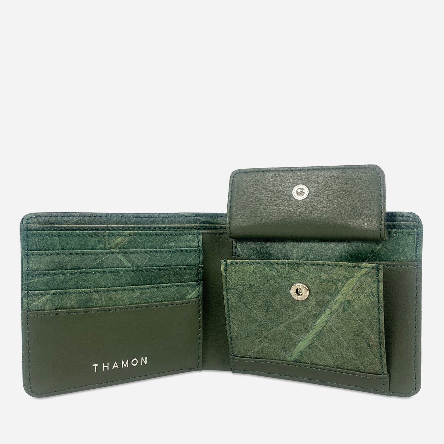 Vegan Leaf Leather Bifold Coin Wallet Thamon Green
