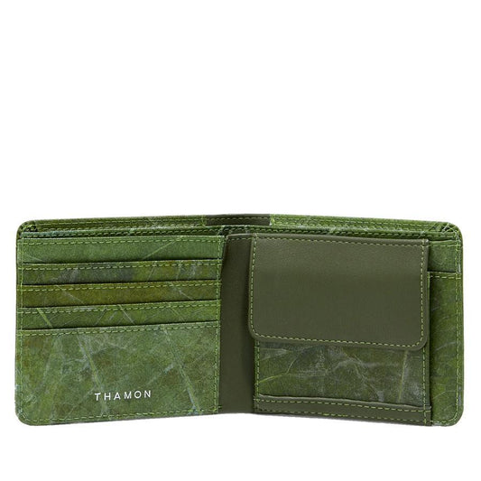 Vegan Leaf Leather Bifold Coin Wallet Thamon Olive