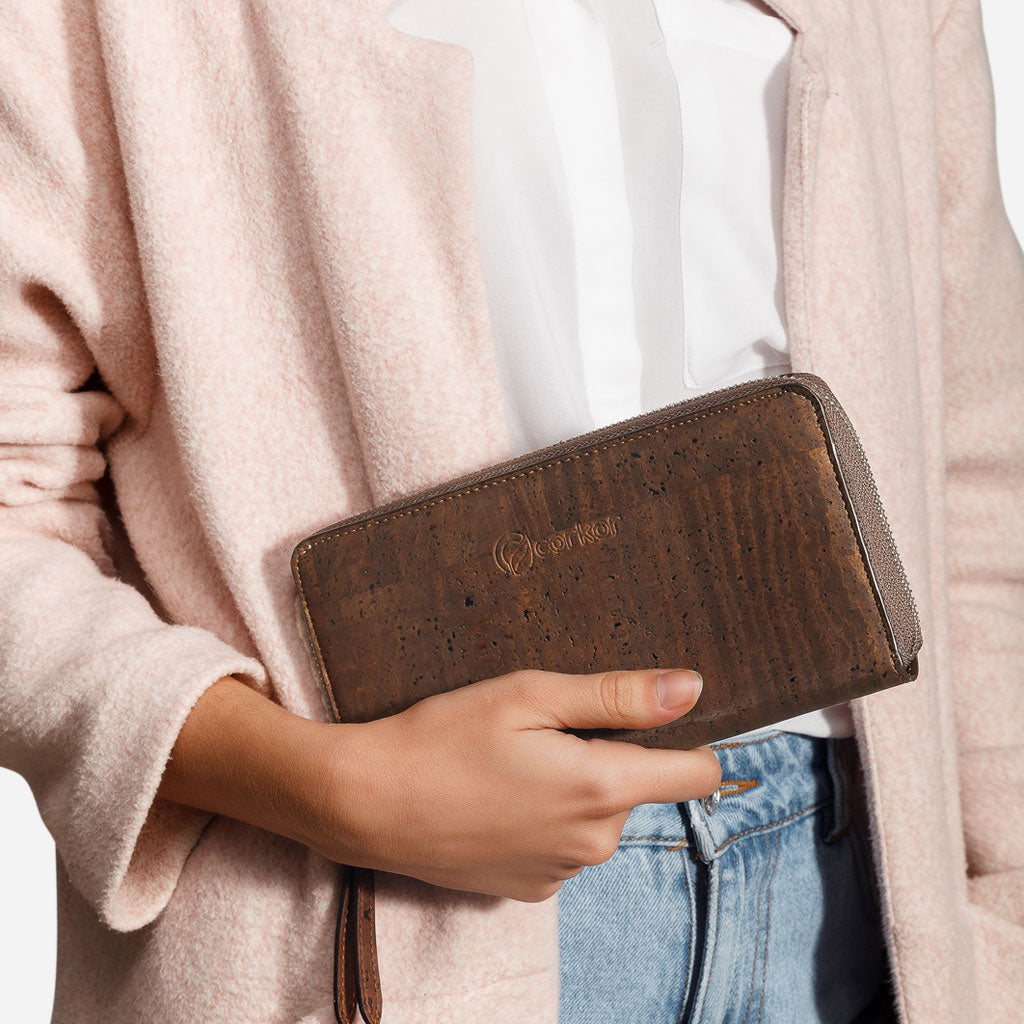 Cork Vegan Long Wallet Women's Corkor Dark Brown - I Am The Animal
