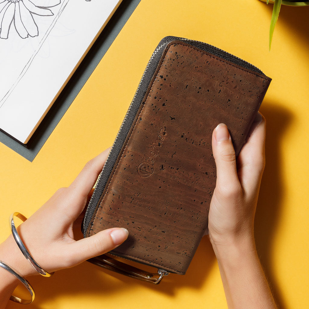 Cork Vegan Long Wallet Women's Corkor Dark Brown - I Am The Animal