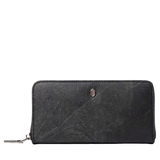 Vegan Leaf Leather Zip Wallet Thamon Black - I Am The Animal